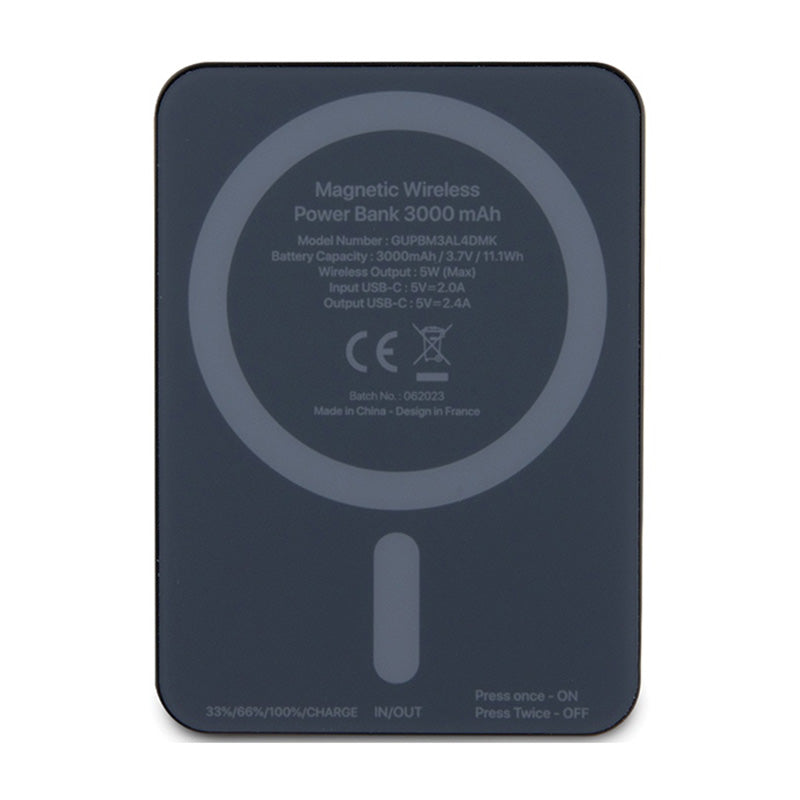 Guess 4G Strassed Metal Logo MagSafe – indukcinis 3000 mAh 5W MagSafe galios bankas (juodas)