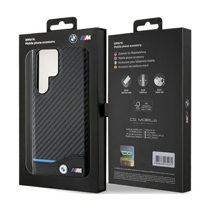 "BMW Leather Carbon Blue Line" dėklas, skirtas "Samsung Galaxy S24 Ultra" (juodas)