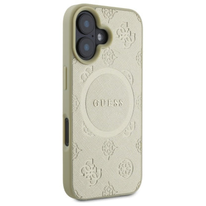 Guess Saffiano Peony Classic Logo MagSafe - dėklas skirtas iPhone 16 (auksinis)