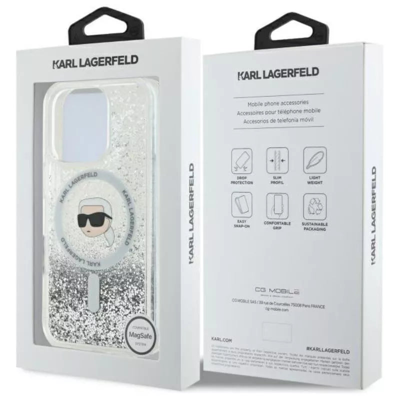 Karl Lagerfeld Liquid Glitter Karl Head MagSafe – Dėklas iPhone 16 Pro Max (skaidrus)