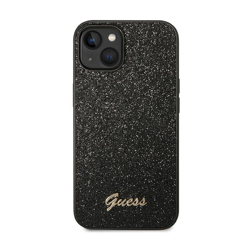 "Guess Glitter Flakes" metalinis dėklas su logotipu - "iPhone 14 Plus" dėklas (juodas)