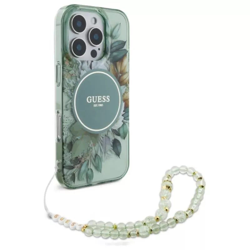 Guess IML Gėlės su perlų dirželiu MagSafe – dėklas, skirtas iPhone 16 Pro Max (Žalias)