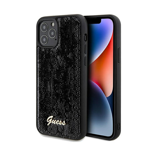 Guess Sequin Script Metal - dėklas, skirtas „iPhone 12“ / „iPhone 12 Pro“ (juodas)