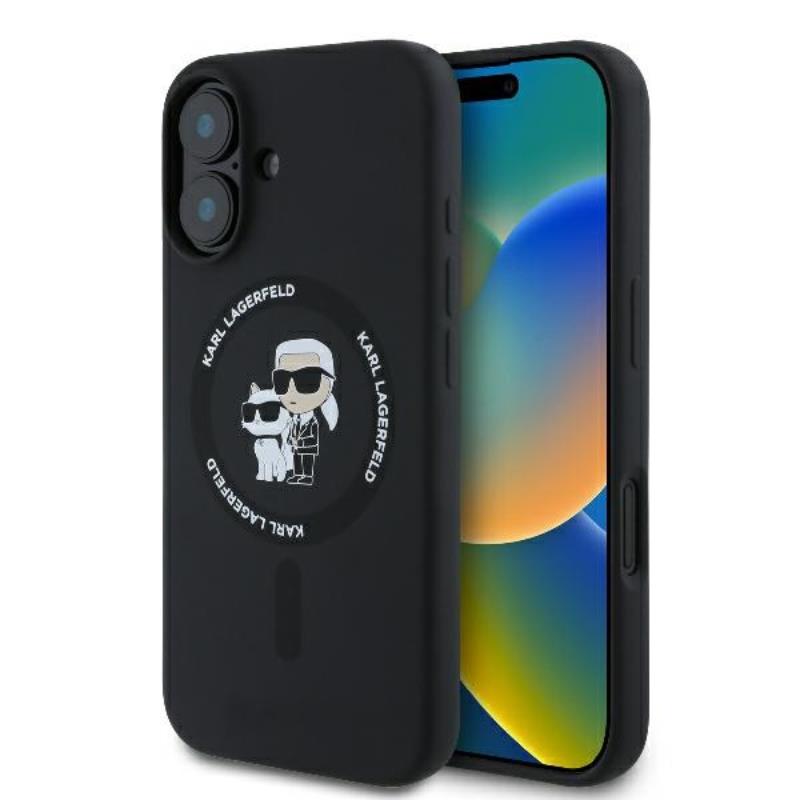Karl Lagerfeld Silikoninis dėklas su Karl & Choupette motyvu ir MagSafe žiedu, skirtas iPhone 16 Plus (juodas)