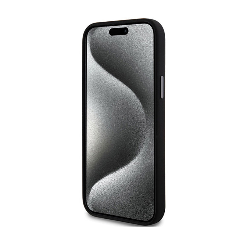 DKNY skystas silikonas su metaliniu logotipu – dėklas iPhone 15 Plus / 14 Plus (juodas)