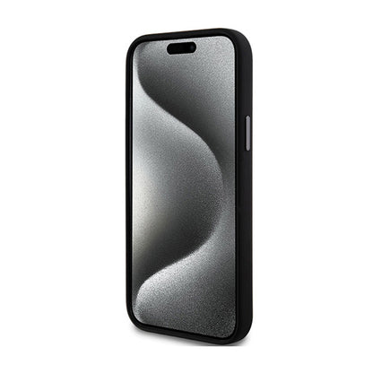 DKNY skystas silikonas su metaliniu logotipu – dėklas iPhone 15 Plus / 14 Plus (juodas)