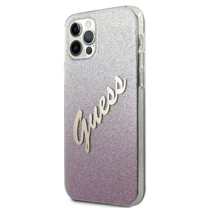 Guess Glitter Gradient Script – dėklas, skirtas iPhone 12 / iPhone 12 Pro (rožinis)