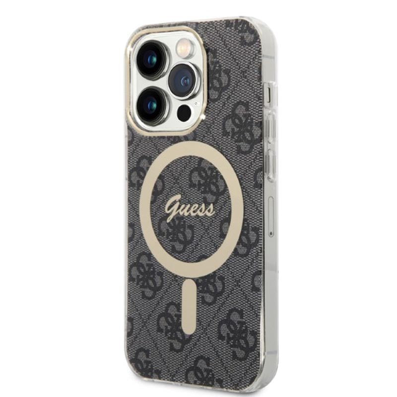 Guess Bundle Pack MagSafe 4G – Dėklo ir MagSafe įkroviklio rinkinys, skirtas „iPhone 14 Pro Max“ (juoda/auksinė)
