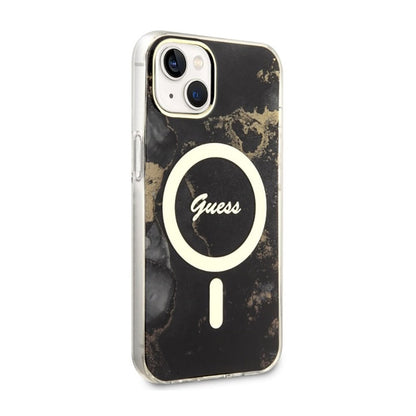Guess Golden Marble MagSafe – dėklas, skirtas iPhone 14 (juodas)