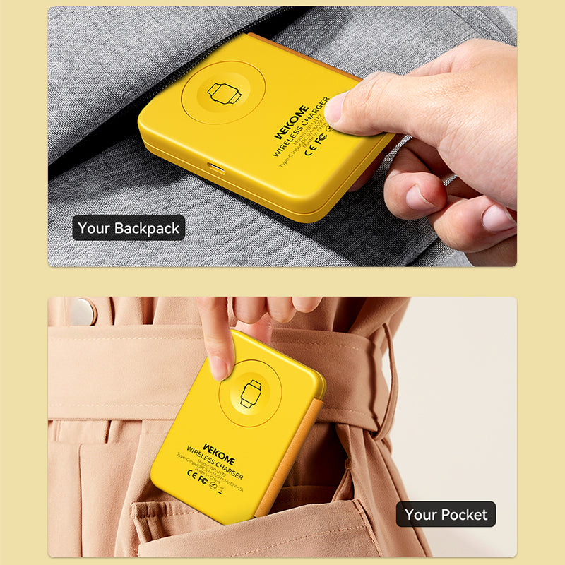 WEKOME WP-U172 – belaidis 3-in-1 įkroviklis su "MagSafe" sistemai skirta "iPhone", "Apple Watch" ir "AirPods", su veidrodžiu (geltonas)