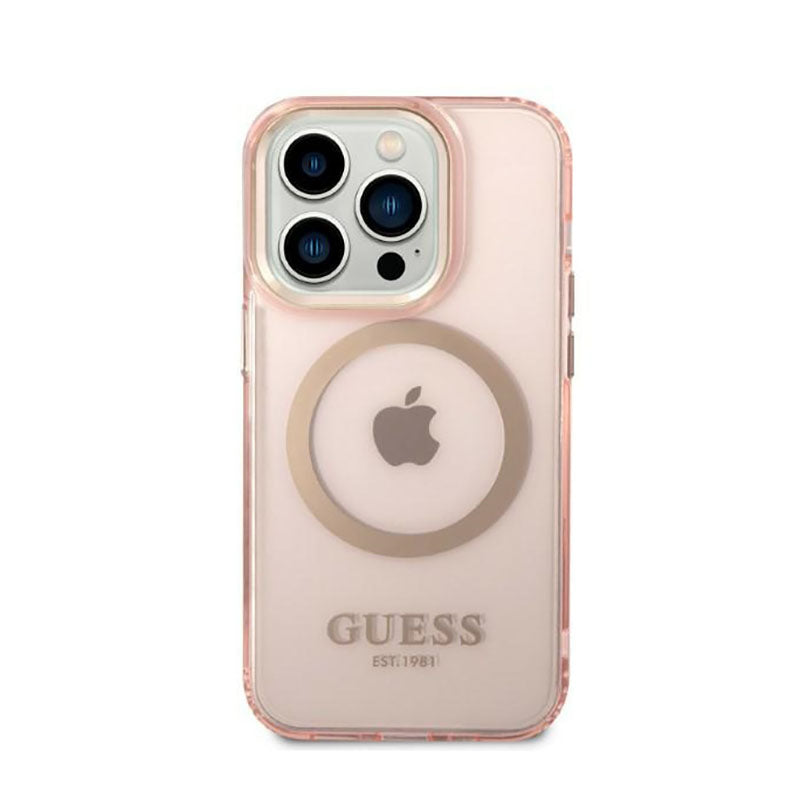 Guess Gold Outline Translucent MagSafe – Dėklas iPhone 14 Pro (rožinis)