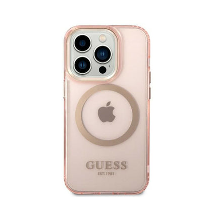 Guess Gold Outline Translucent MagSafe – Dėklas iPhone 14 Pro (rožinis)