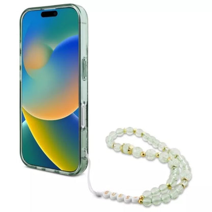 Guess IML Gėlės su perlų dirželiu MagSafe – dėklas, skirtas iPhone 16 Pro Max (Žalias)