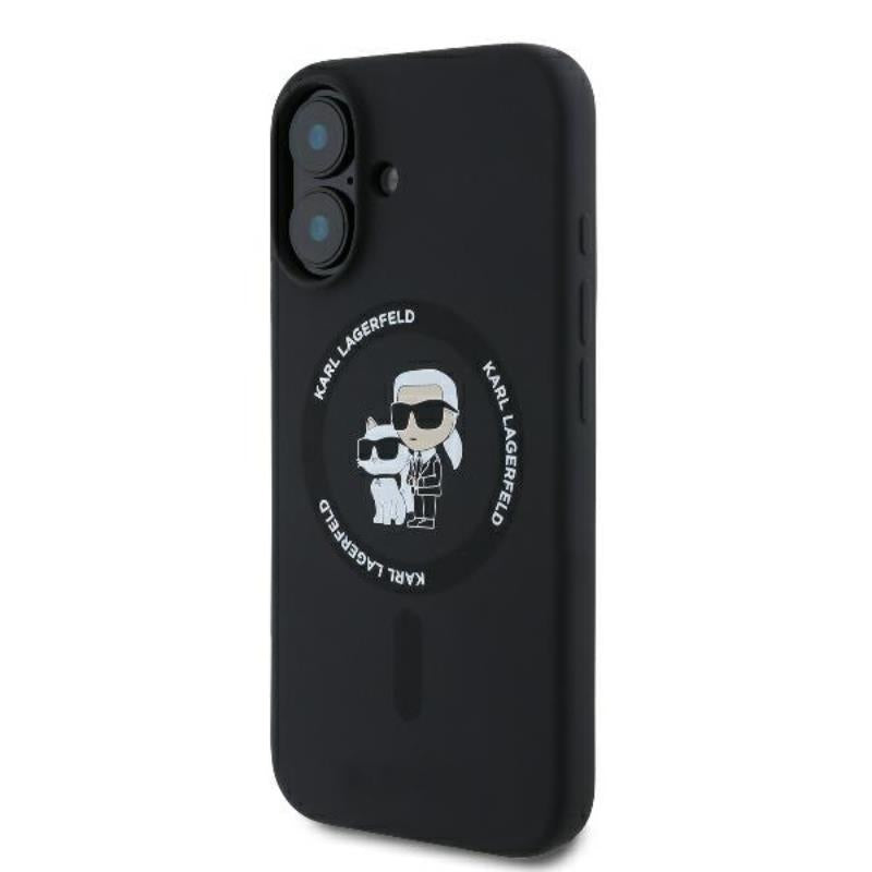Karl Lagerfeld Silikoninis dėklas su Karl & Choupette motyvu ir MagSafe žiedu, skirtas iPhone 16 Plus (juodas)