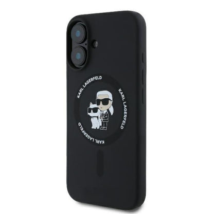 Karl Lagerfeld Silikoninis dėklas su Karl & Choupette motyvu ir MagSafe žiedu, skirtas iPhone 16 Plus (juodas)
