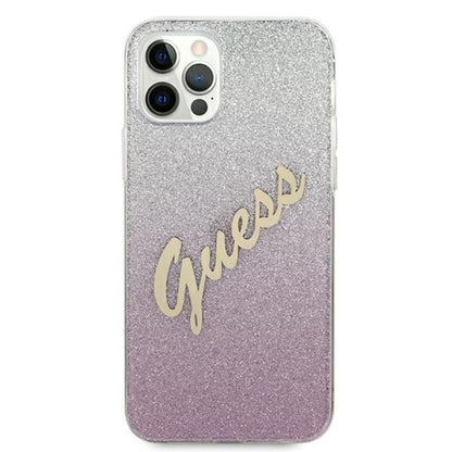 Guess Glitter Gradient Script – dėklas, skirtas iPhone 12 / iPhone 12 Pro (rožinis)