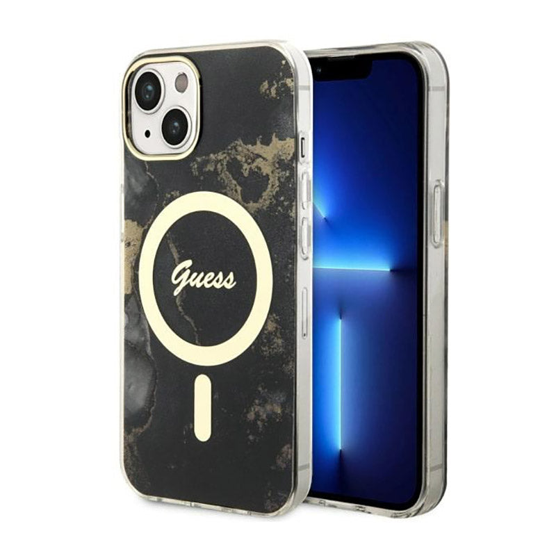 Guess Golden Marble MagSafe – „iPhone 14 Plus“ dėklas (juodas)