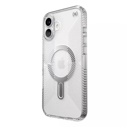 Speck Presidio Perfect-Clear Grip ClickLock & MagSafe – dėklas, skirtas iPhone 16 Plus (skaidrus / chromo apdaila / ramus sidabras)