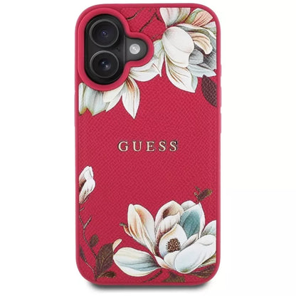 Guess Grained Printed Flower Pattern MagSafe – Dėklas iPhone 16 (fuksijos spalvos)