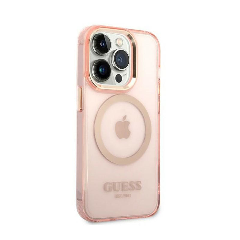Guess Gold Outline Translucent MagSafe – Dėklas iPhone 14 Pro (rožinis)