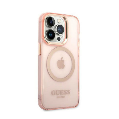 Guess Gold Outline Translucent MagSafe – Dėklas iPhone 14 Pro (rožinis)