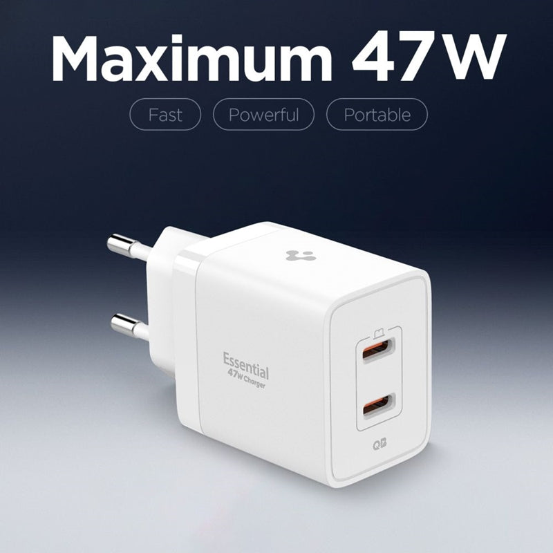 Spigen Essential EE472EU GaN Pro – Sieninis įkroviklis 2x USB-C 47W (Baltas)