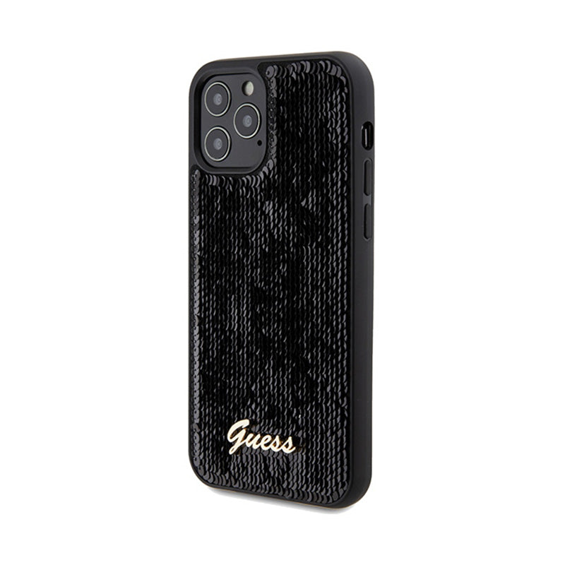 Guess Sequin Script Metal - dėklas, skirtas „iPhone 12“ / „iPhone 12 Pro“ (juodas)