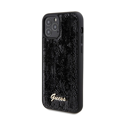 Guess Sequin Script Metal - dėklas, skirtas „iPhone 12“ / „iPhone 12 Pro“ (juodas)