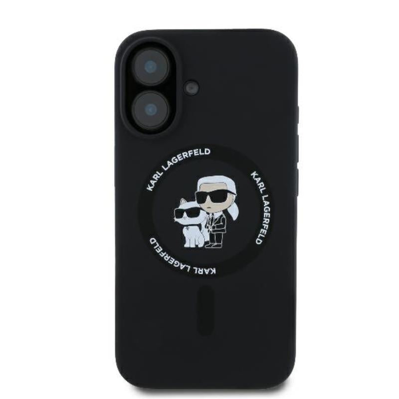 Karl Lagerfeld Silikoninis dėklas su Karl & Choupette motyvu ir MagSafe žiedu, skirtas iPhone 16 Plus (juodas)