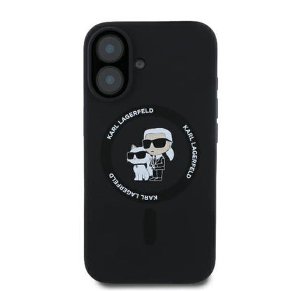 Karl Lagerfeld Silikoninis dėklas su Karl & Choupette motyvu ir MagSafe žiedu, skirtas iPhone 16 Plus (juodas)