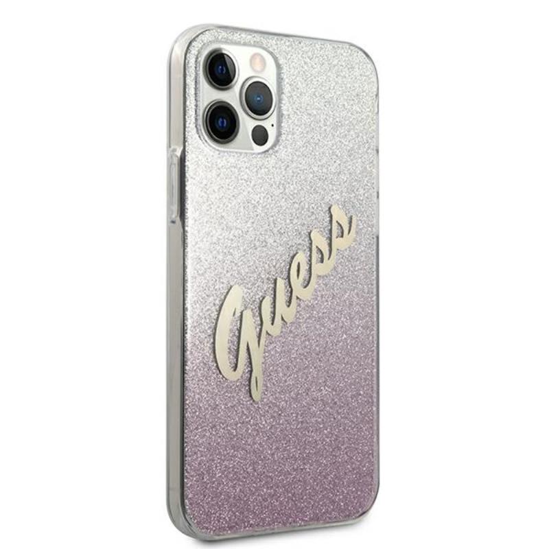 Guess Glitter Gradient Script – dėklas, skirtas iPhone 12 / iPhone 12 Pro (rožinis)
