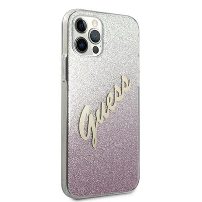 Guess Glitter Gradient Script – dėklas, skirtas iPhone 12 / iPhone 12 Pro (rožinis)