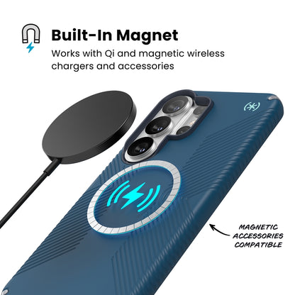 Speck Presidio2 Grip Magnet – „Samsung Galaxy S26 Ultra“ dėklas su MagSafe (tamsiai mėlynos/sidabrinės metalinės/sudrumstos mėlynos spalvos)