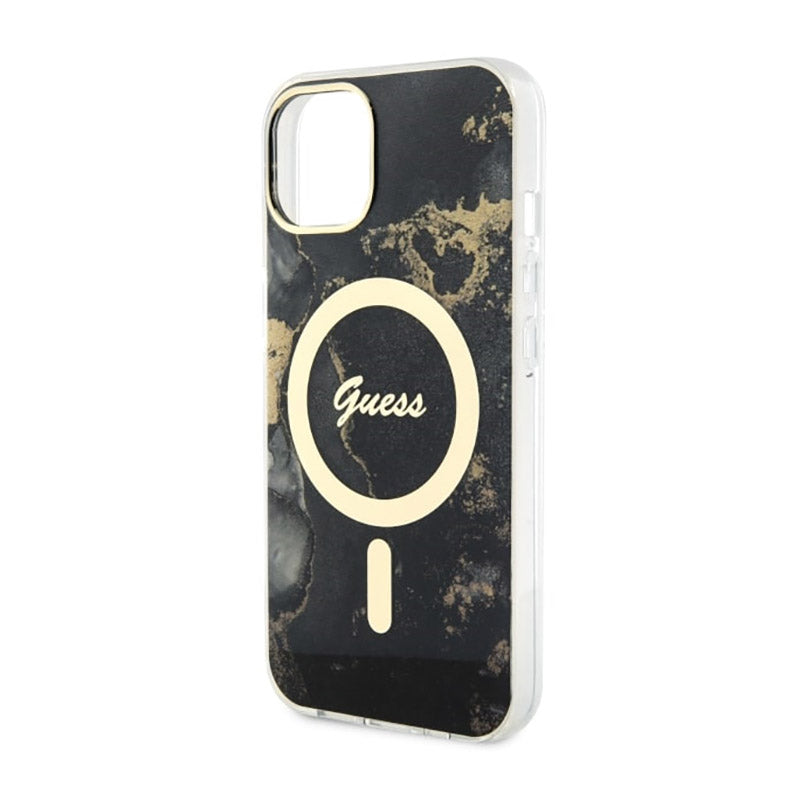 Guess Golden Marble MagSafe – dėklas, skirtas iPhone 14 (juodas)