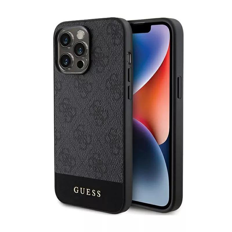 Guess 4G kolekcija su metaliniu logotipu ir apatine juostele – dėklas iPhone 15 Pro Max (pilkas)