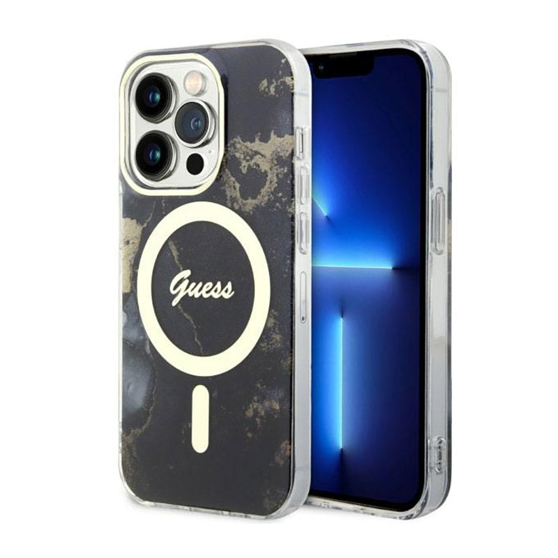 Guess Golden Marble MagSafe – dėklas, skirtas iPhone 14 Pro (juodas)