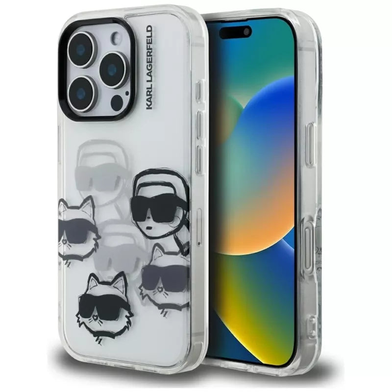 Karl Lagerfeld IML Multi K&C Head Pattern dėklas, skirtas iPhone 16 Pro (skaidrus)