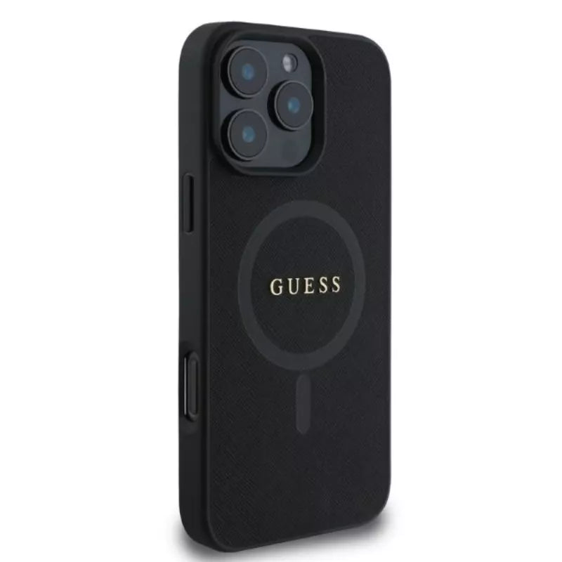 Guess Saffiano Classic Logo MagSafe – dėklas iPhone 16 Pro (juodas)