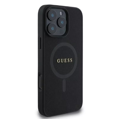 Guess Saffiano Classic Logo MagSafe – dėklas iPhone 16 Pro (juodas)