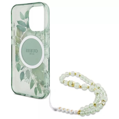 Guess IML Gėlės su perlų dirželiu MagSafe – dėklas, skirtas iPhone 16 Pro Max (Žalias)