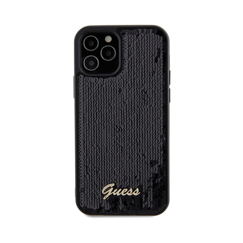 Guess Sequin Script Metal - dėklas, skirtas „iPhone 12“ / „iPhone 12 Pro“ (juodas)