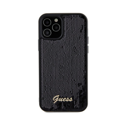 Guess Sequin Script Metal - dėklas, skirtas „iPhone 12“ / „iPhone 12 Pro“ (juodas)