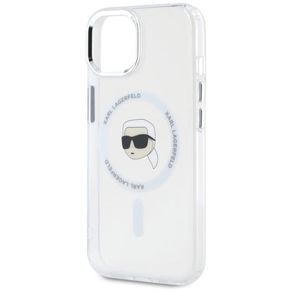 Karl Lagerfeld IML Metal Karl Head MagSafe – dėklas, skirtas iPhone 15 Plus (baltas)