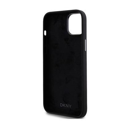 DKNY skystas silikonas su metaliniu logotipu – dėklas iPhone 15 Plus / 14 Plus (juodas)