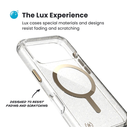 Speck Presidio Lux MagSafe dėklas – iPhone 17 Pro dėklas (Blizgučiai / Auksinis metalas)