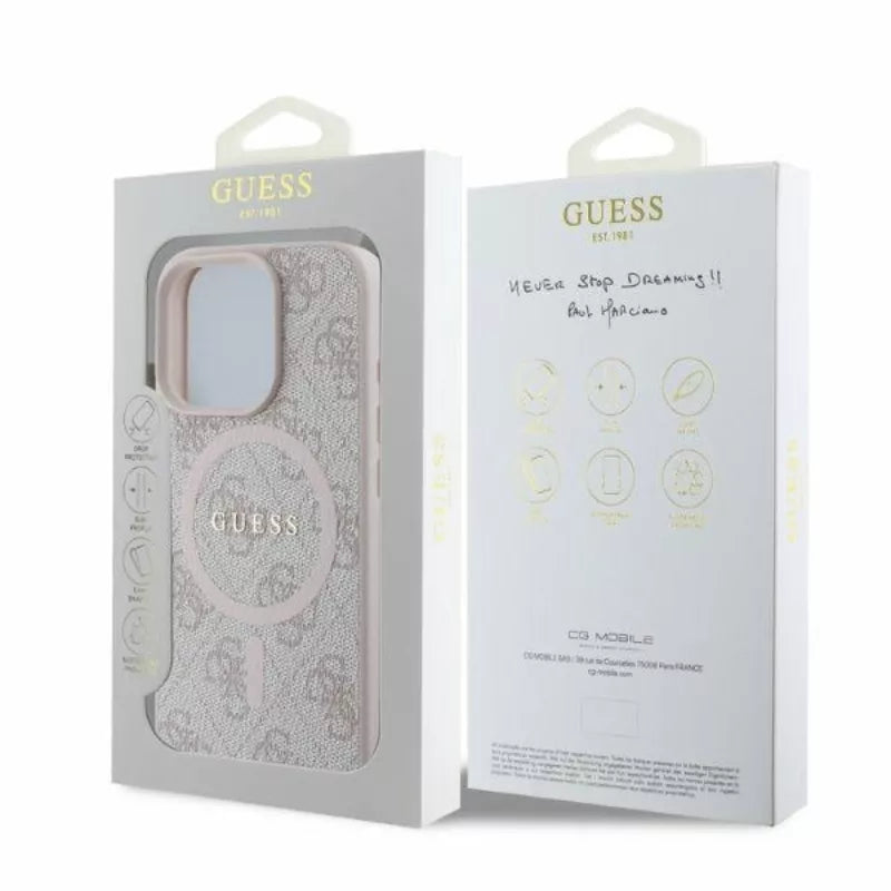 Guess 4G Ring Classic Logo MagSafe dėklas iPhone 16 Pro (rožinė)