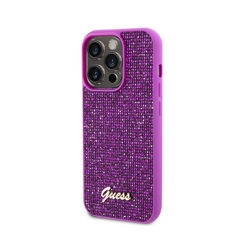 Guess Disco Metal Script - dėklas iPhone 15 Pro (fuksija)