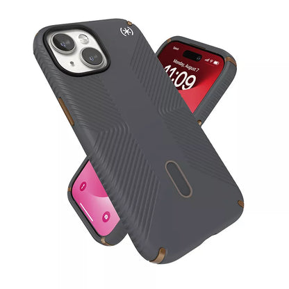Speck Presidio2 Grip ClickLock & MagSafe – Dėklas iPhone 16e / iPhone 15 / iPhone 14 / iPhone 13 (Anglies pilka/Šalta bronza)