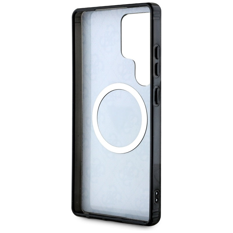 Guess 4G blizgūs trikampio formos mygtukai MagSafe – dėklas, skirtas Samsung Galaxy S25 Ultra (juodas)