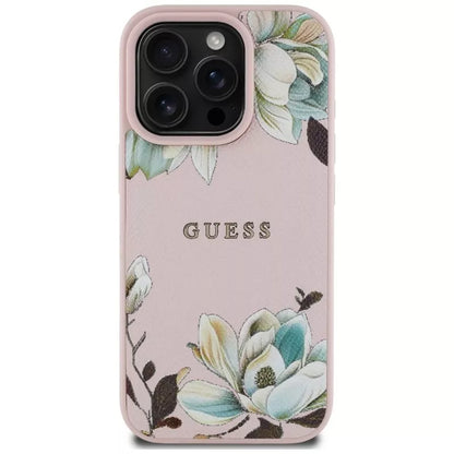Guess Grūdėtas spausdinto gėlių rašto MagSafe - dėklas iPhone 16 Pro Max (rožinis)